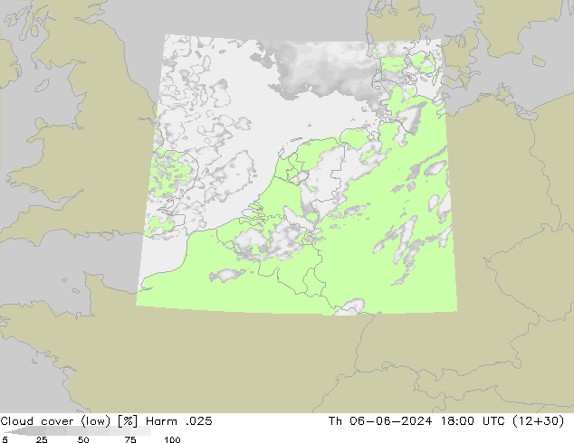 Cloud cover (low) Harm .025 Th 06.06.2024 18 UTC