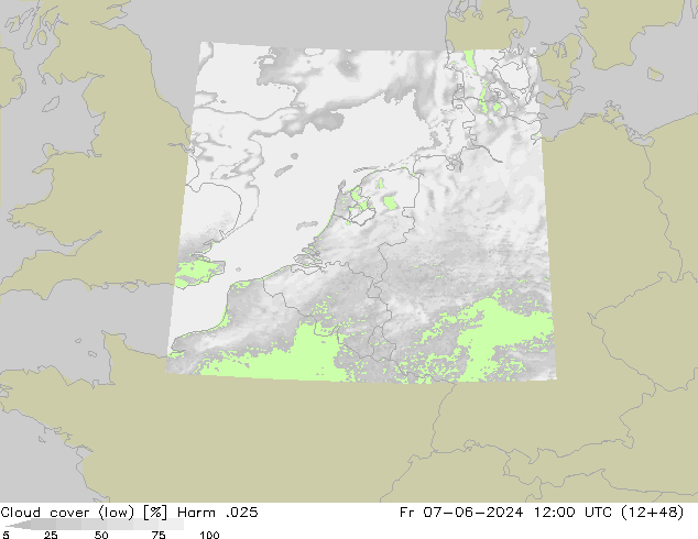 Cloud cover (low) Harm .025 Fr 07.06.2024 12 UTC