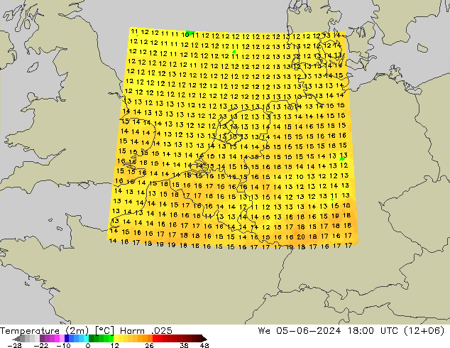 Temperaturkarte (2m) Harm .025 Mi 05.06.2024 18 UTC