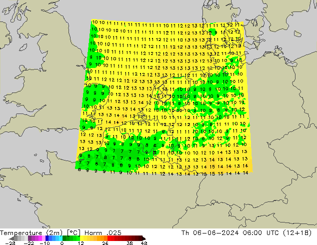 Temperatura (2m) Harm .025 gio 06.06.2024 06 UTC