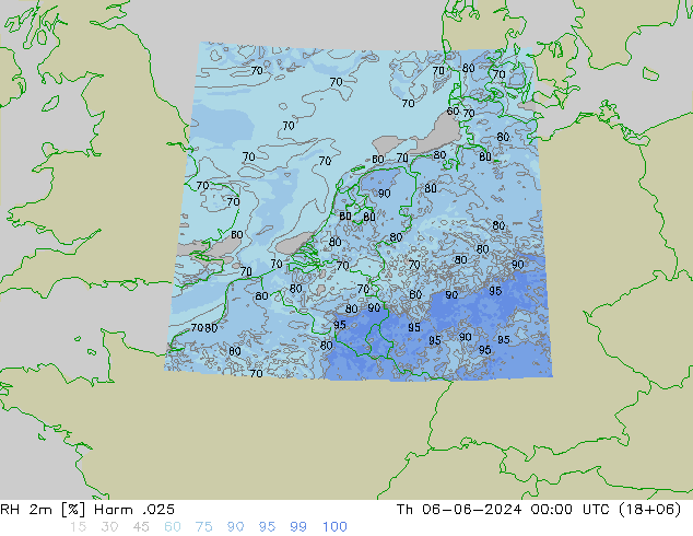 RH 2m Harm .025 星期四 06.06.2024 00 UTC