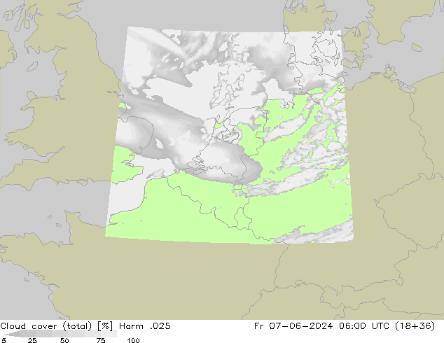 Cloud cover (total) Harm .025 Fr 07.06.2024 06 UTC