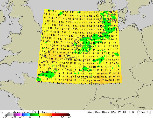 Temperatura (2m) Harm .025 mer 05.06.2024 21 UTC