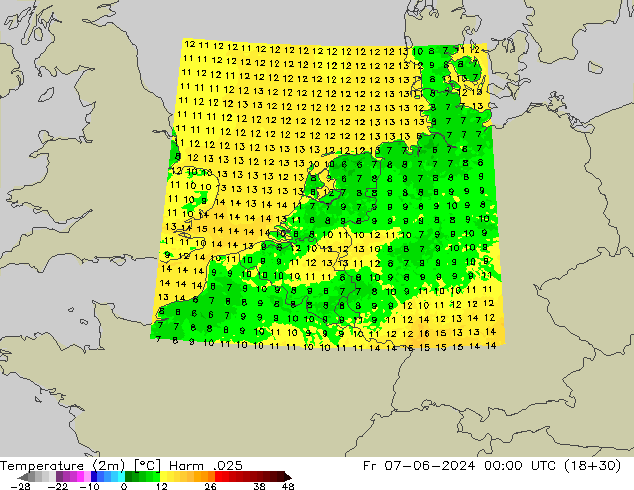 Temperatuurkaart (2m) Harm .025 vr 07.06.2024 00 UTC