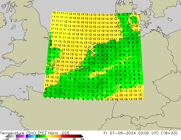 Temperature (2m) Harm .025 Fr 07.06.2024 03 UTC