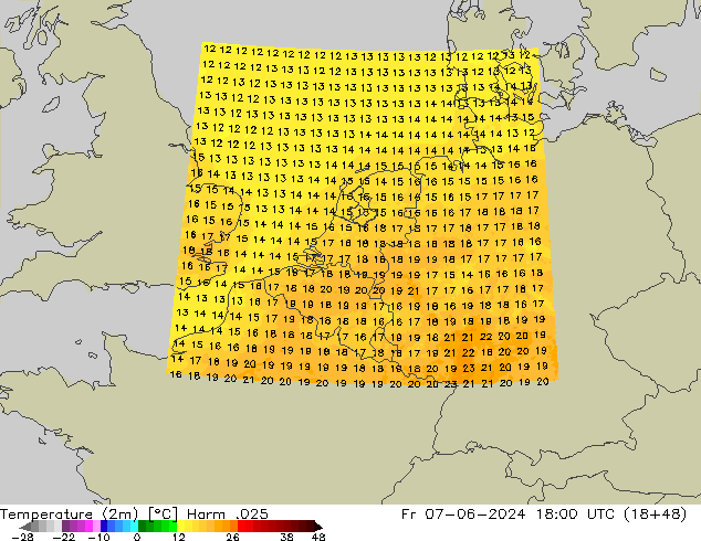 Temperaturkarte (2m) Harm .025 Fr 07.06.2024 18 UTC