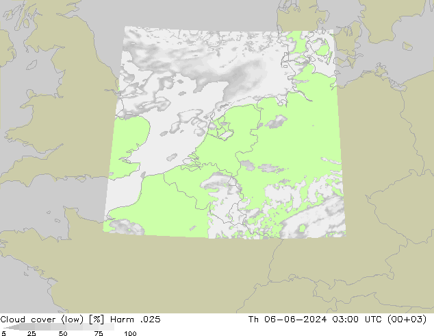 Cloud cover (low) Harm .025 Th 06.06.2024 03 UTC