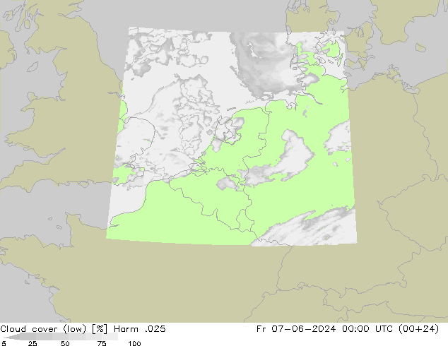 Cloud cover (low) Harm .025 Fr 07.06.2024 00 UTC