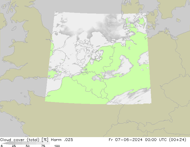 Cloud cover (total) Harm .025 Fr 07.06.2024 00 UTC