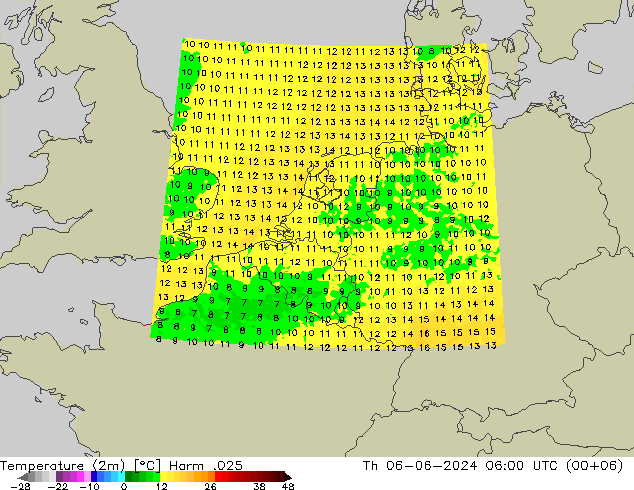 Temperatuurkaart (2m) Harm .025 do 06.06.2024 06 UTC