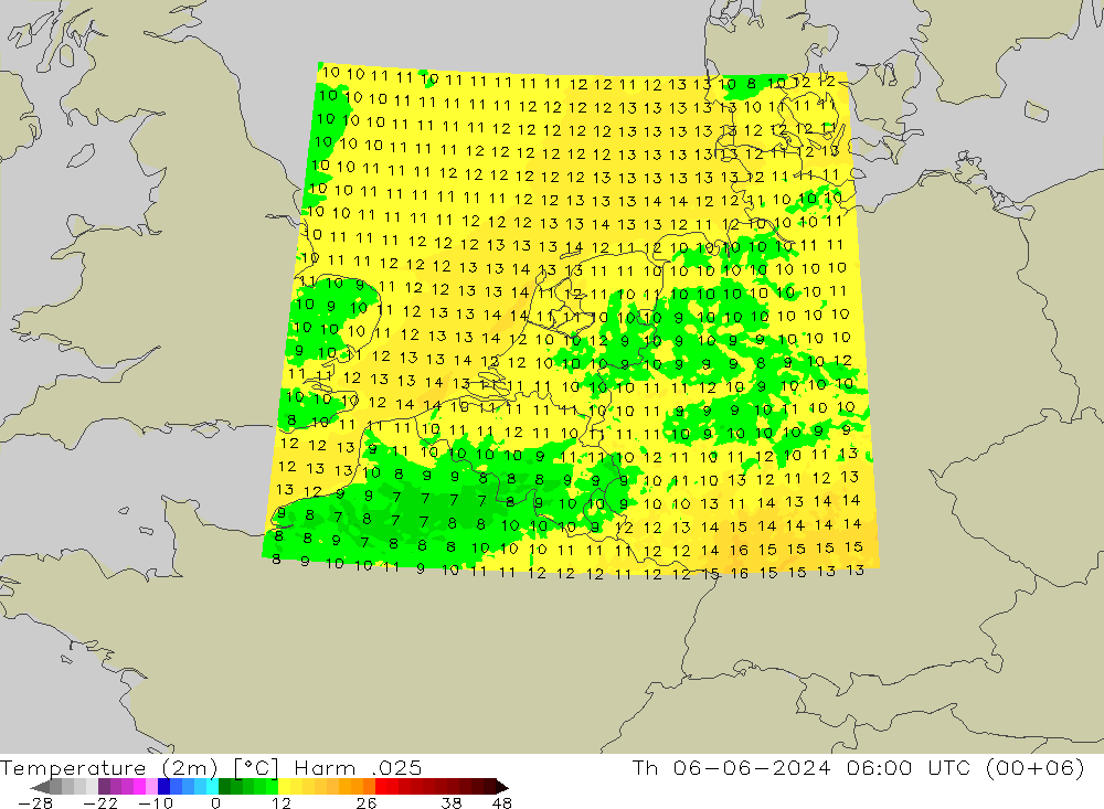 Temperatura (2m) Harm .025 gio 06.06.2024 06 UTC