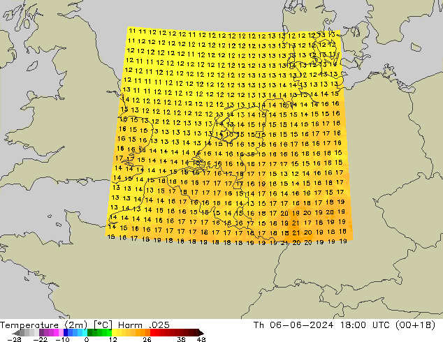 mapa temperatury (2m) Harm .025 czw. 06.06.2024 18 UTC