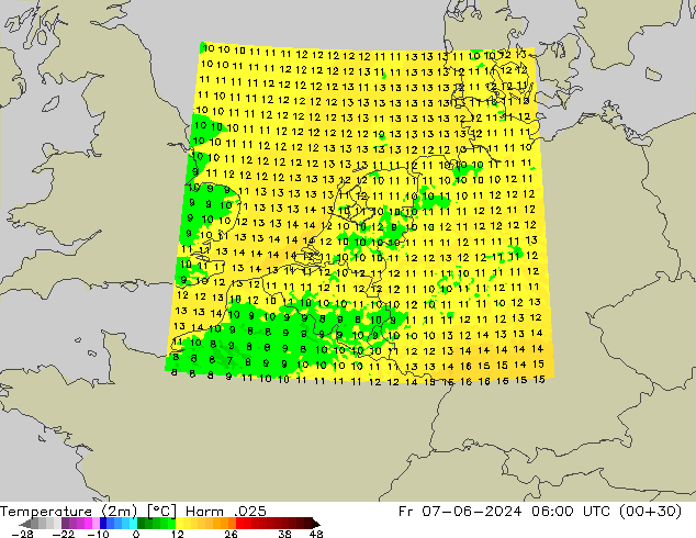 Temperatuurkaart (2m) Harm .025 vr 07.06.2024 06 UTC