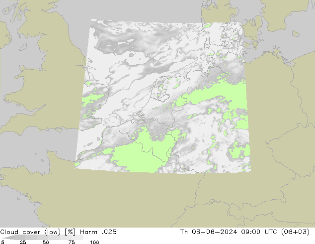 Cloud cover (low) Harm .025 Th 06.06.2024 09 UTC