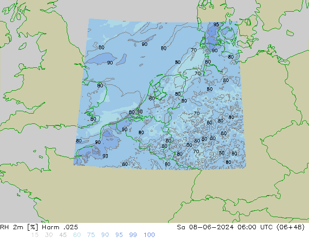 Humidité rel. 2m Harm .025 sam 08.06.2024 06 UTC