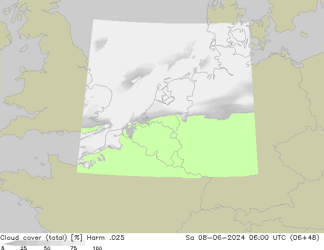 Cloud cover (total) Harm .025 So 08.06.2024 06 UTC