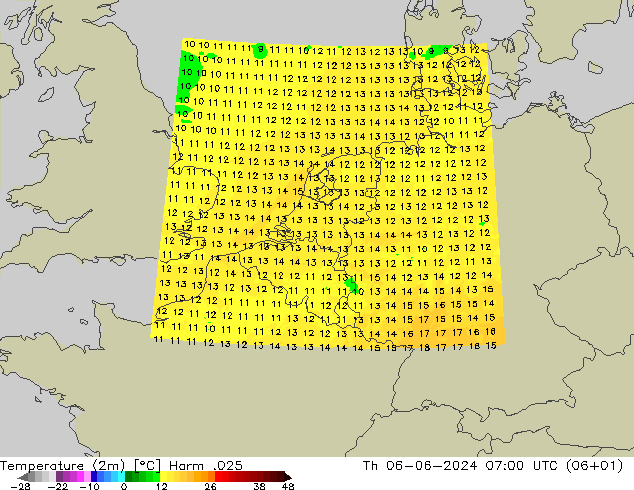 Temperatuurkaart (2m) Harm .025 do 06.06.2024 07 UTC