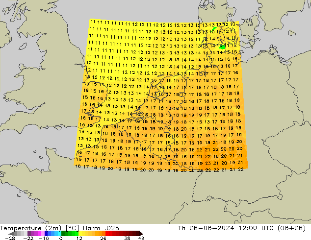 Temperaturkarte (2m) Harm .025 Do 06.06.2024 12 UTC