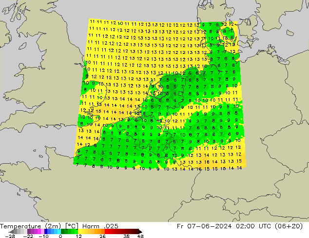 mapa temperatury (2m) Harm .025 pt. 07.06.2024 02 UTC