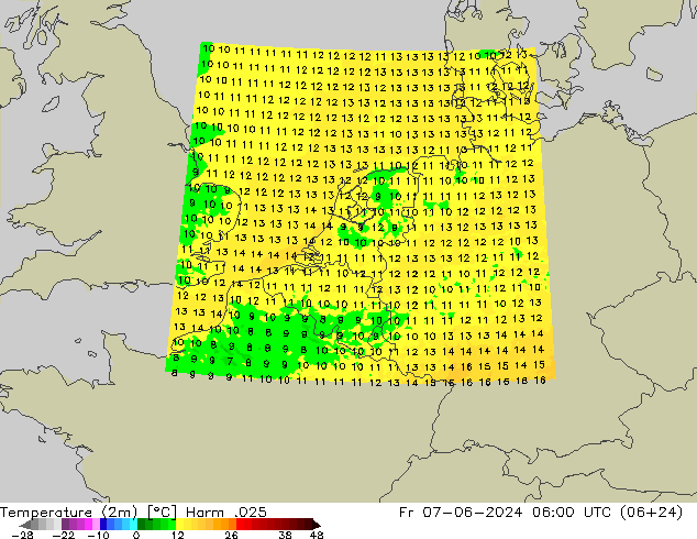Temperaturkarte (2m) Harm .025 Fr 07.06.2024 06 UTC