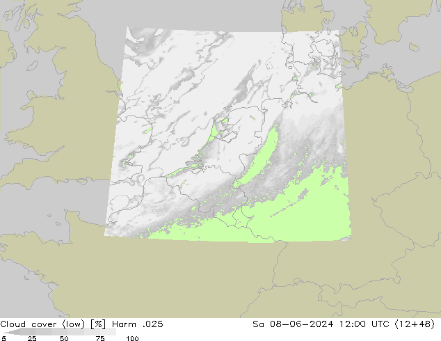 Cloud cover (low) Harm .025 Sa 08.06.2024 12 UTC