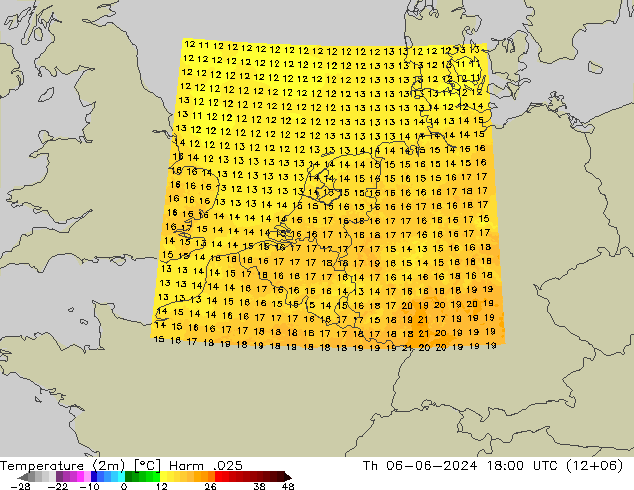 Temperatuurkaart (2m) Harm .025 do 06.06.2024 18 UTC