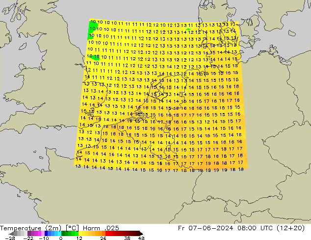 Temperatura (2m) Harm .025 vie 07.06.2024 08 UTC