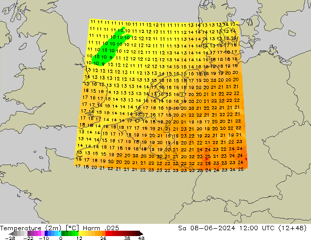 Temperatuurkaart (2m) Harm .025 za 08.06.2024 12 UTC