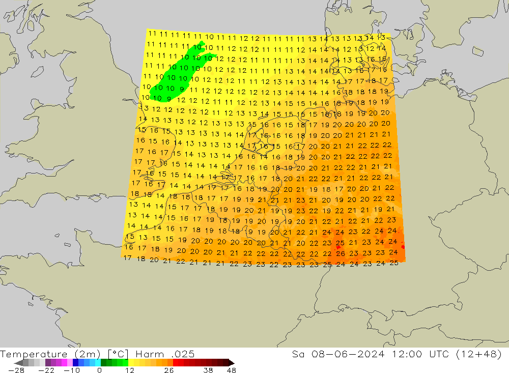 Temperatura (2m) Harm .025 sáb 08.06.2024 12 UTC