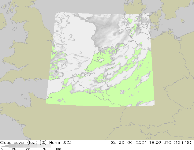 Cloud cover (low) Harm .025 Sa 08.06.2024 18 UTC