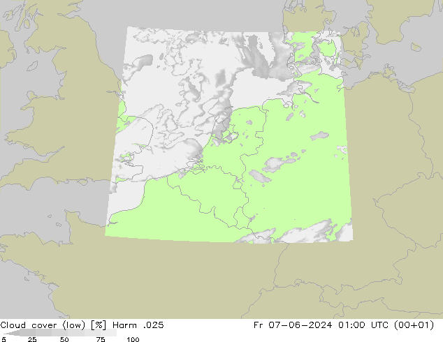 Cloud cover (low) Harm .025 Fr 07.06.2024 01 UTC