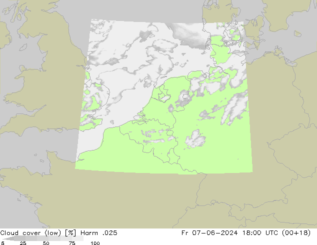 Cloud cover (low) Harm .025 Fr 07.06.2024 18 UTC