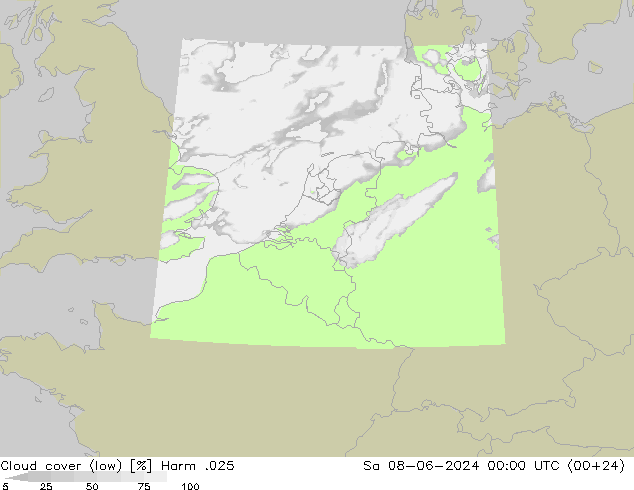 Cloud cover (low) Harm .025 Sa 08.06.2024 00 UTC