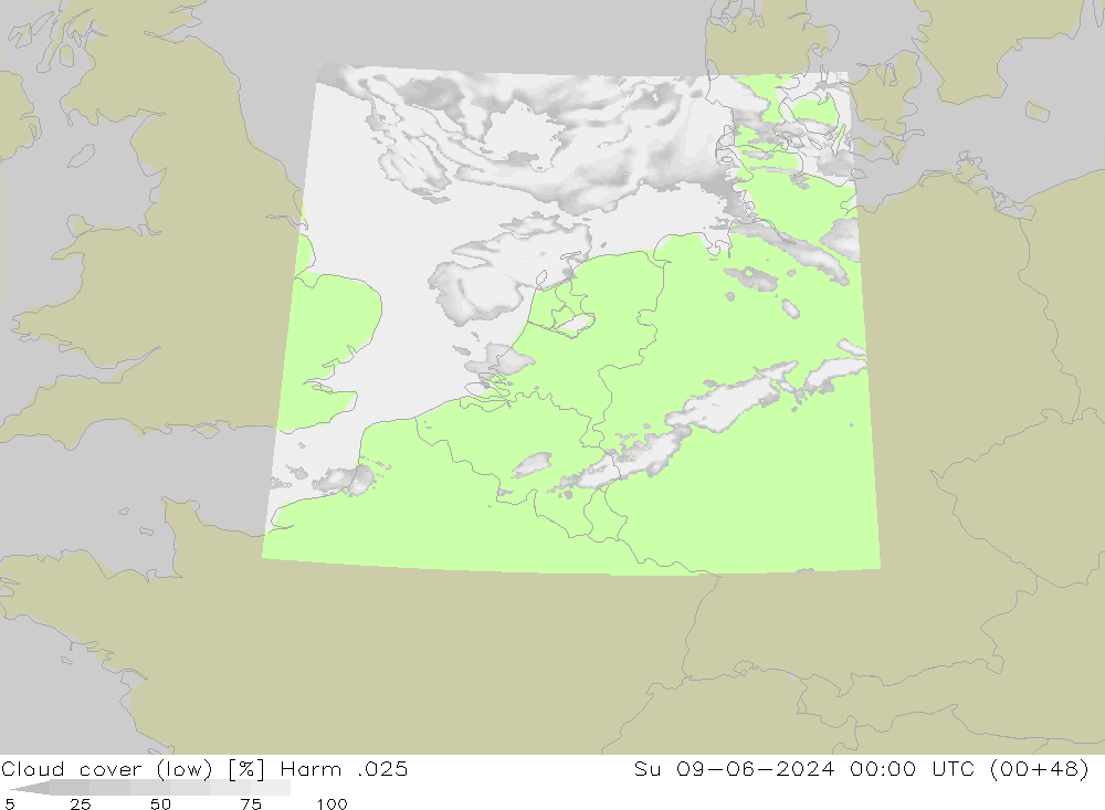 Cloud cover (low) Harm .025 Su 09.06.2024 00 UTC