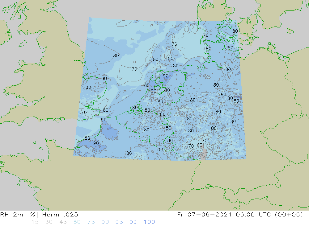 RH 2m Harm .025 星期五 07.06.2024 06 UTC