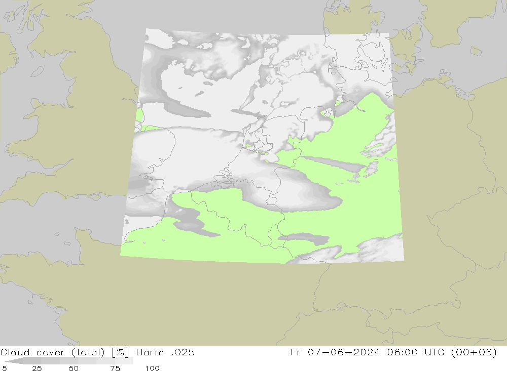 Cloud cover (total) Harm .025 Fr 07.06.2024 06 UTC