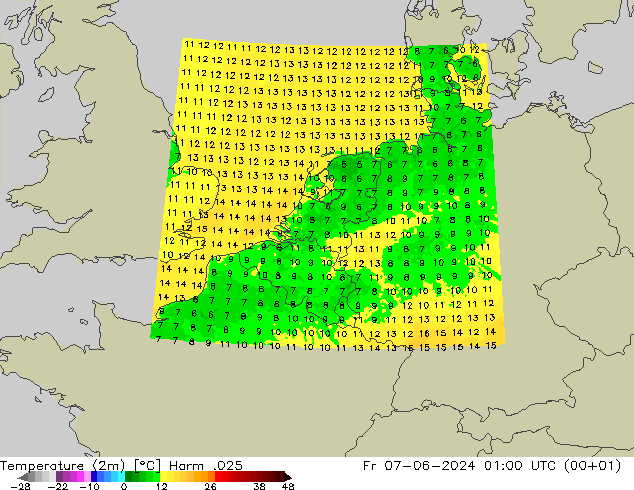 Temperatuurkaart (2m) Harm .025 vr 07.06.2024 01 UTC