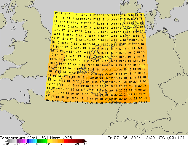 Temperatura (2m) Harm .025 ven 07.06.2024 12 UTC