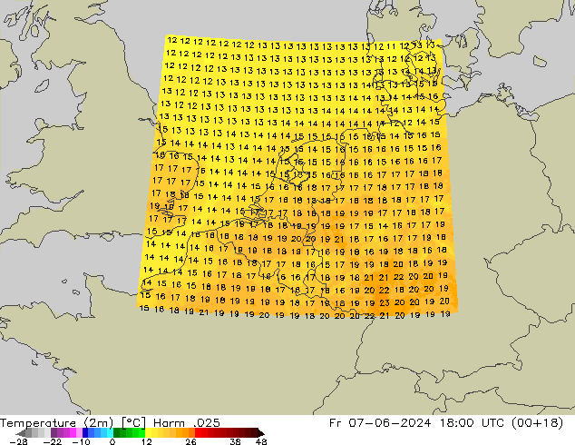Temperatura (2m) Harm .025 Sex 07.06.2024 18 UTC