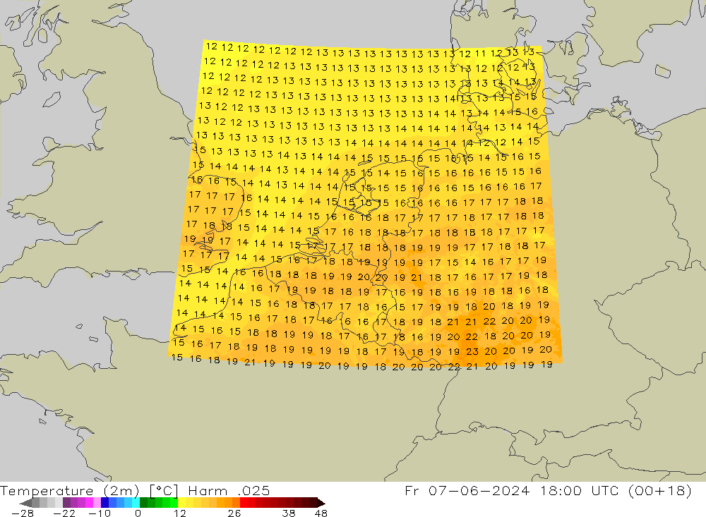 Temperature (2m) Harm .025 Fr 07.06.2024 18 UTC