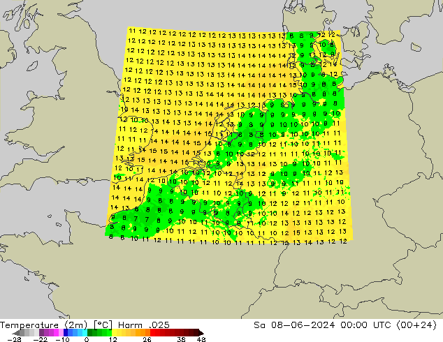 Temperature (2m) Harm .025 Sa 08.06.2024 00 UTC