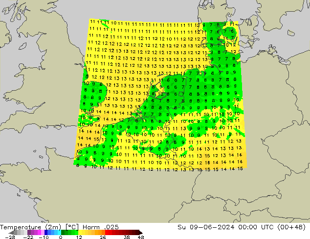 Temperatuurkaart (2m) Harm .025 zo 09.06.2024 00 UTC