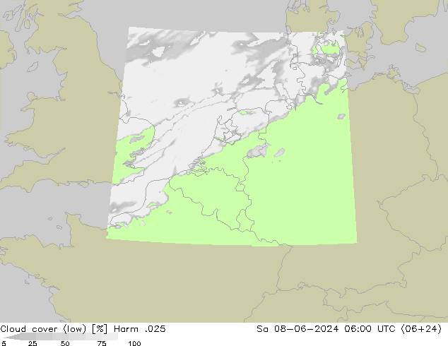 Cloud cover (low) Harm .025 Sa 08.06.2024 06 UTC