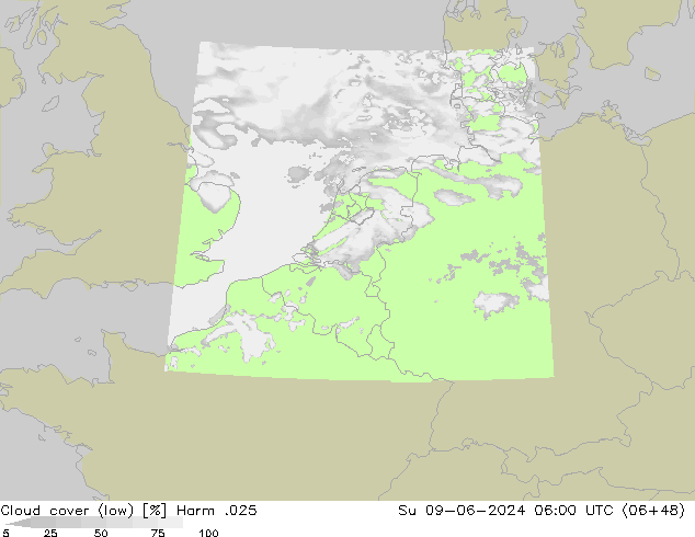 Cloud cover (low) Harm .025 Su 09.06.2024 06 UTC