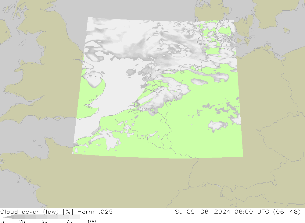 Cloud cover (low) Harm .025 Su 09.06.2024 06 UTC