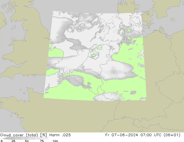 Cloud cover (total) Harm .025 Pá 07.06.2024 07 UTC