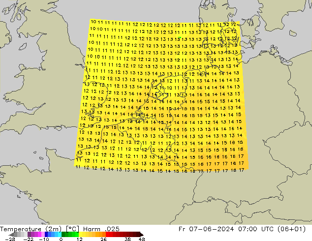 Temperatura (2m) Harm .025 vie 07.06.2024 07 UTC