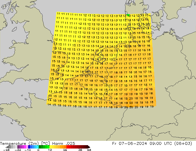 Temperaturkarte (2m) Harm .025 Fr 07.06.2024 09 UTC