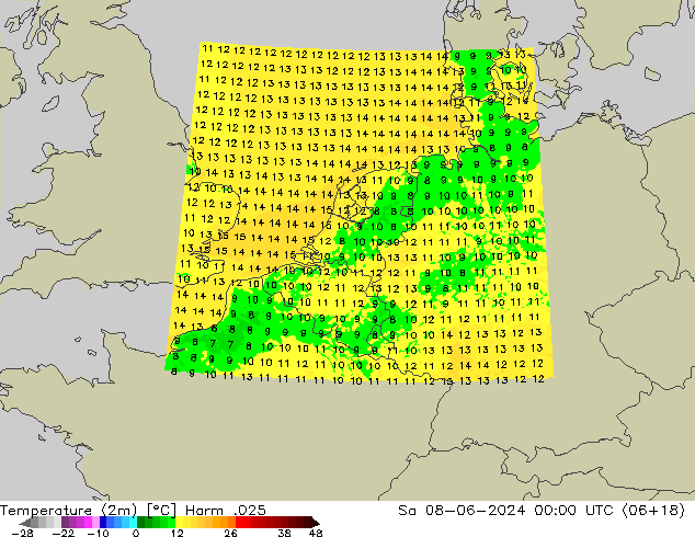 Temperatuurkaart (2m) Harm .025 za 08.06.2024 00 UTC