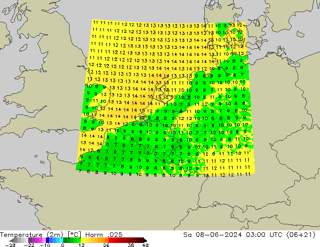 Temperaturkarte (2m) Harm .025 Sa 08.06.2024 03 UTC